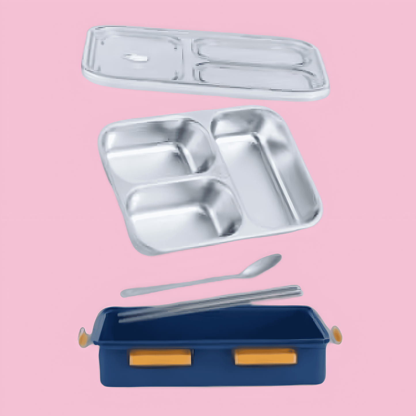 Bento Lunch Box, Stainless Steel, Insulated 3 Compartment, BPA Free, Set of Chop Sticks & One Spoon