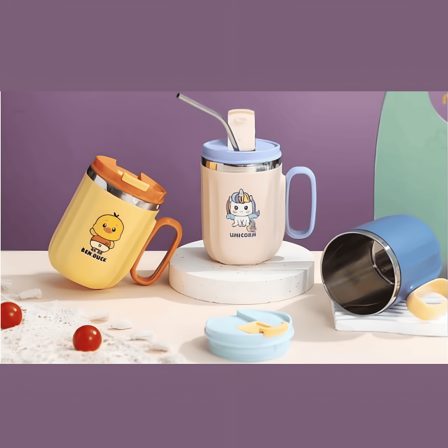 Cartoon Stainless Steel Mug, Durable, Stylish, Insulated Mug With LID, BPA Free, Comfortable Handle