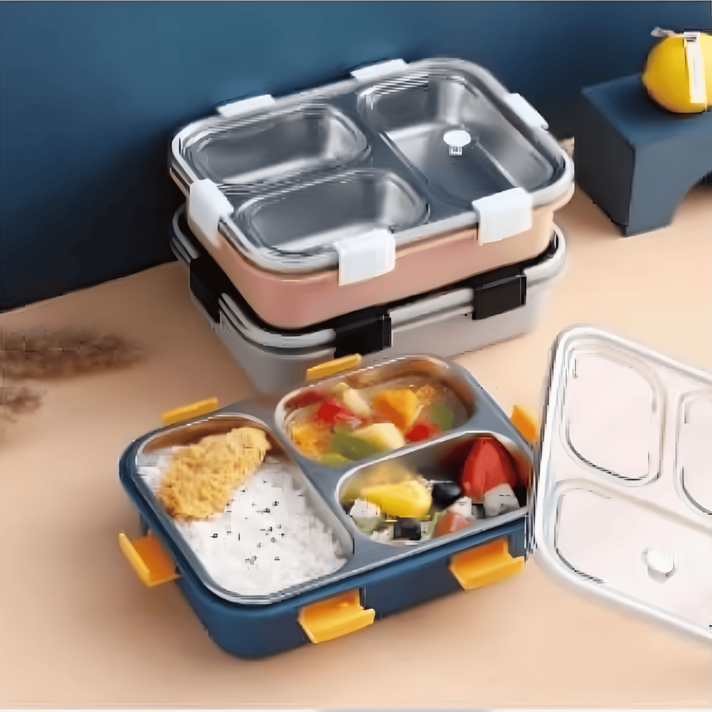 Bento Lunch Box, Stainless Steel, Insulated 3 Compartment, BPA Free, Set of Chop Sticks & One Spoon