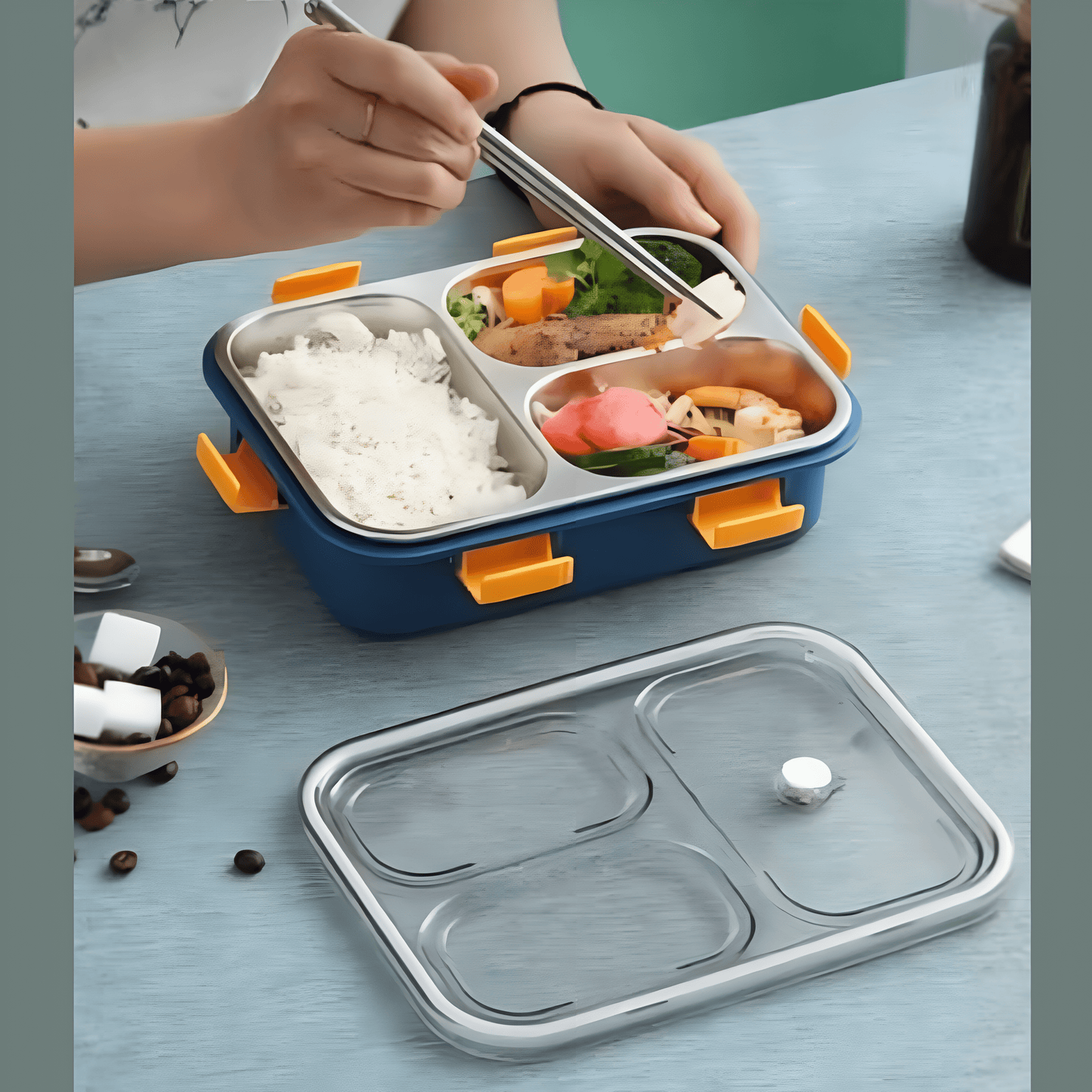 Bento Lunch Box, Stainless Steel, Insulated 3 Compartment, BPA Free, Set of Chop Sticks & One Spoon