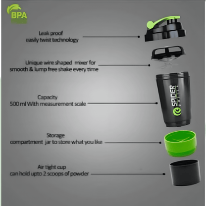 Spider Gym Shaker, BPA Free Food Grade Plastic Material, Leakproof, Extra Compartment To Hold Powder